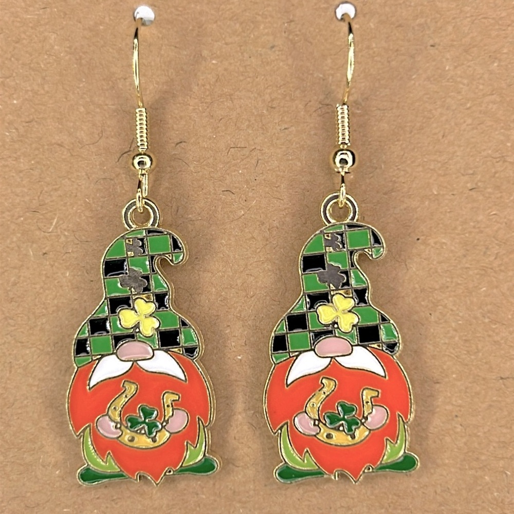 18k Gold Plated Hook Dangle Gnome Clover Earrings St. Patricks Fashion Jewelry